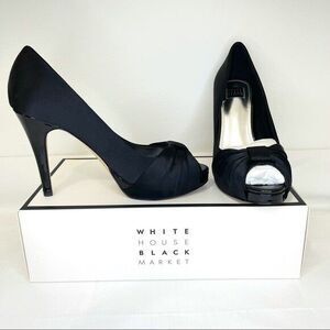 WHITE HOUSE BLACK MARKET Size 7M  ”RAY” Black Satin Peep Toe Stiletto Heels